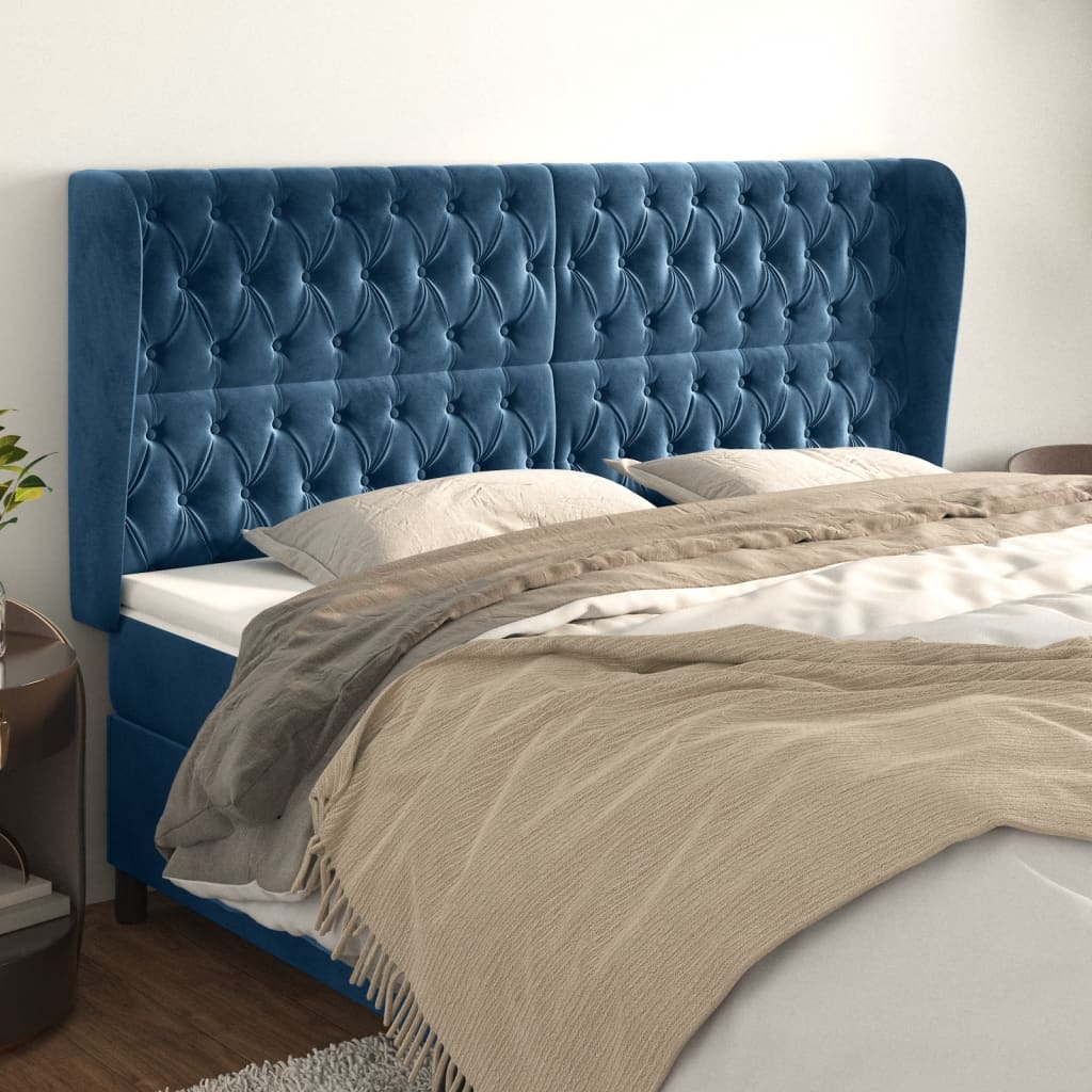 vidaXL Tăblie pat cu urechi albastru închis 203x23x118/128 cm catifea