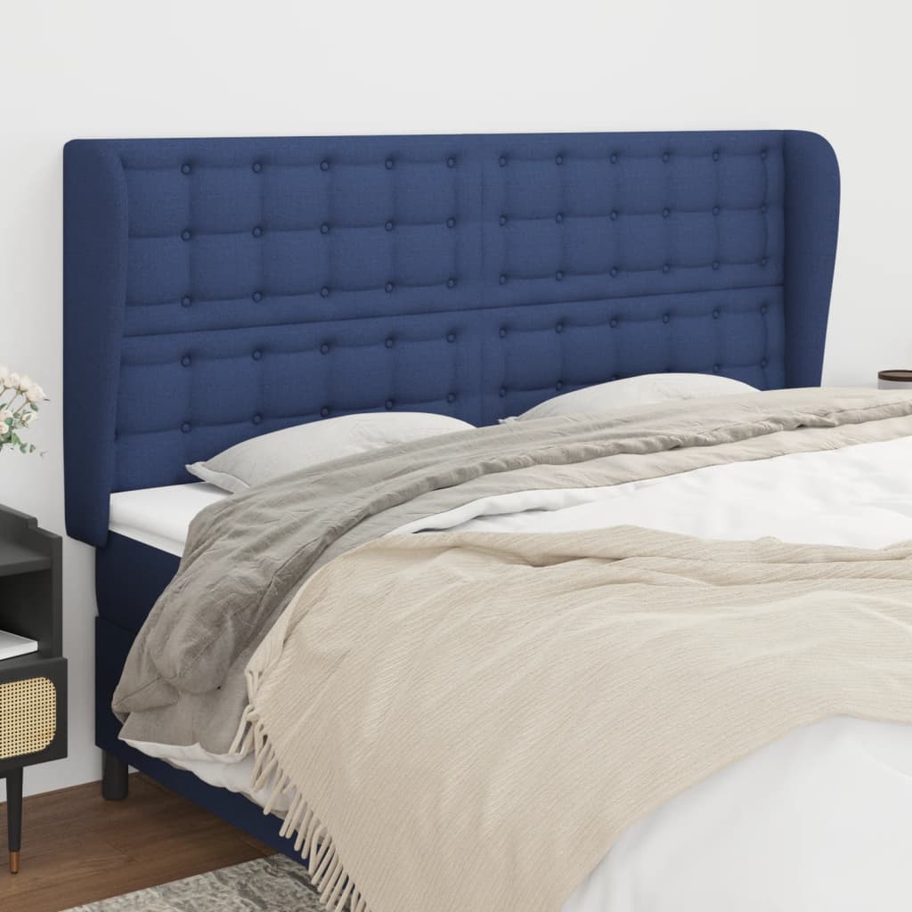 Čelo postele typu ušák modré 163x23x118/128 cm textil