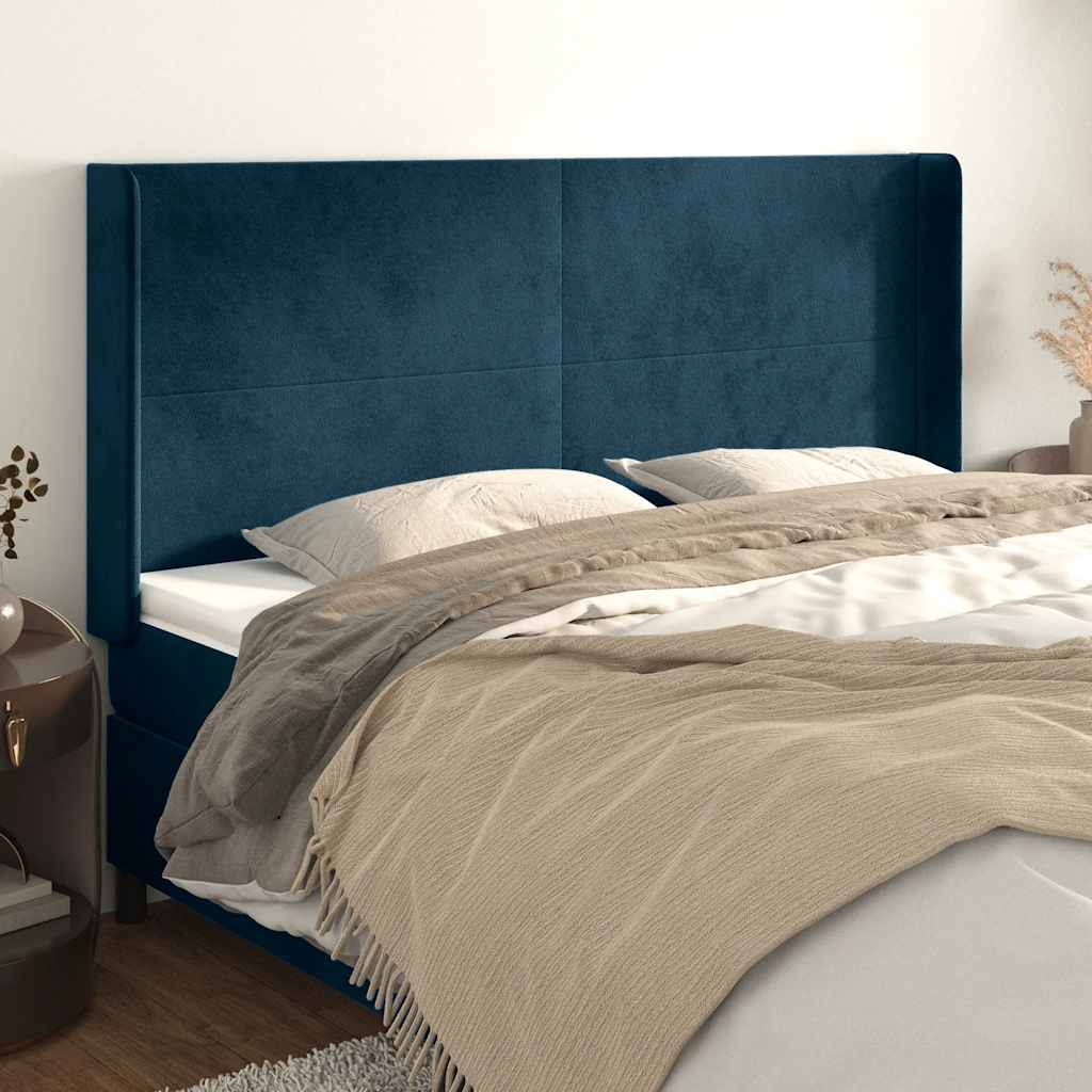 vidaXL Tăblie pat cu urechi albastru închis 203x16x118/128 cm catifea