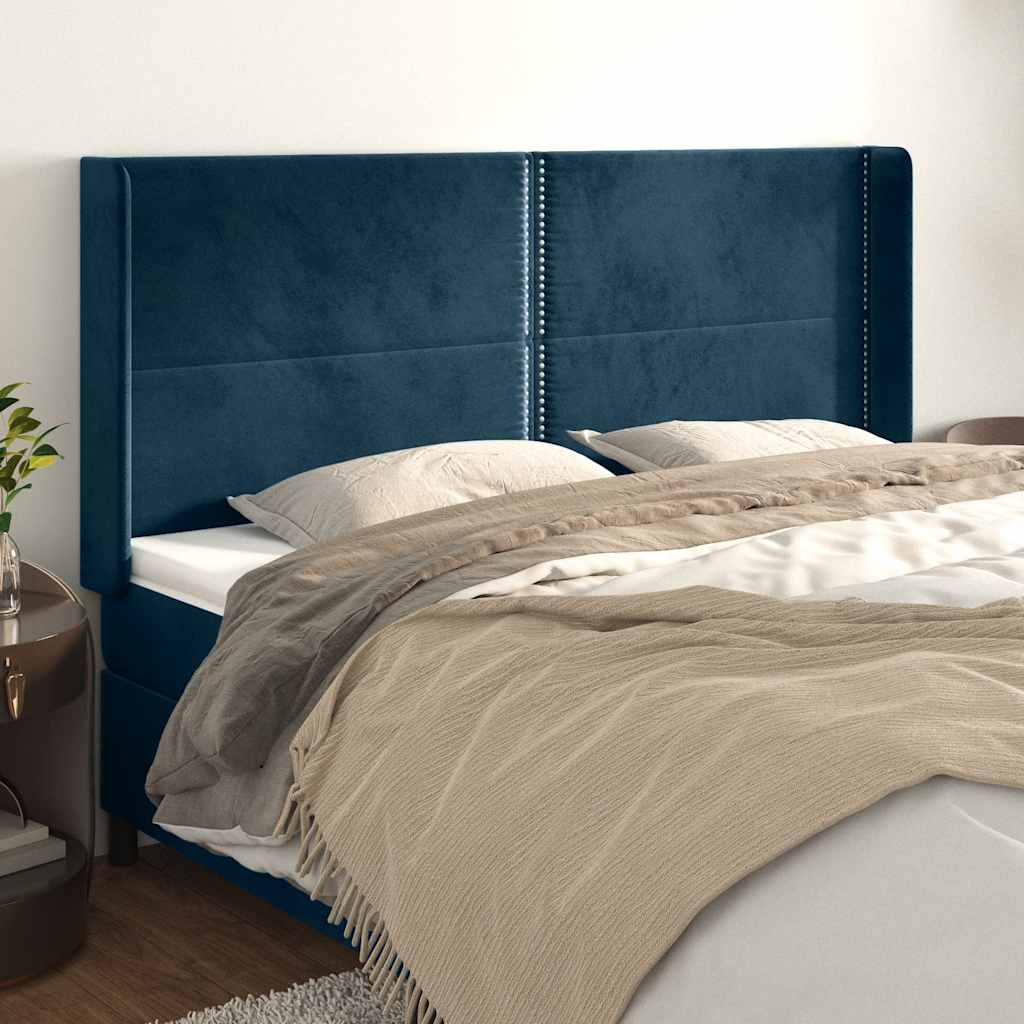 vidaXL Tăblie pat cu urechi albastru închis 203x16x118/128 cm catifea