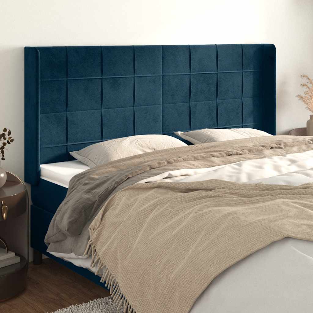 vidaXL Tăblie pat cu urechi albastru închis 203x16x118/128 cm catifea
