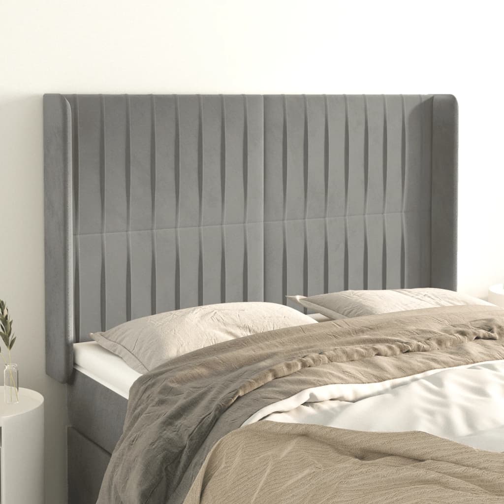 vidaXL Tăblie de pat cu aripioare gri deschis 147x16x118/128cm catifea