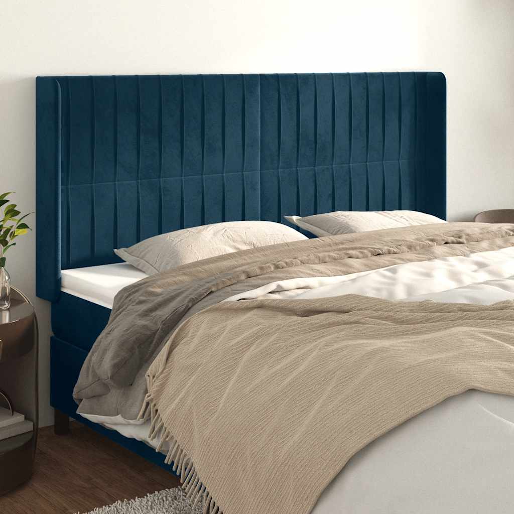vidaXL Tăblie pat cu urechi albastru închis 203x16x118/128 cm catifea