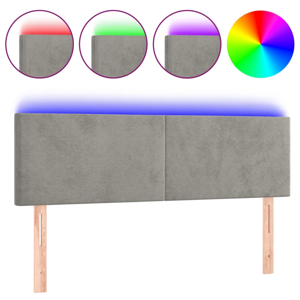 vidaXL Čelo postele s LED světle šedé 144 x 5 x 78/88 cm samet