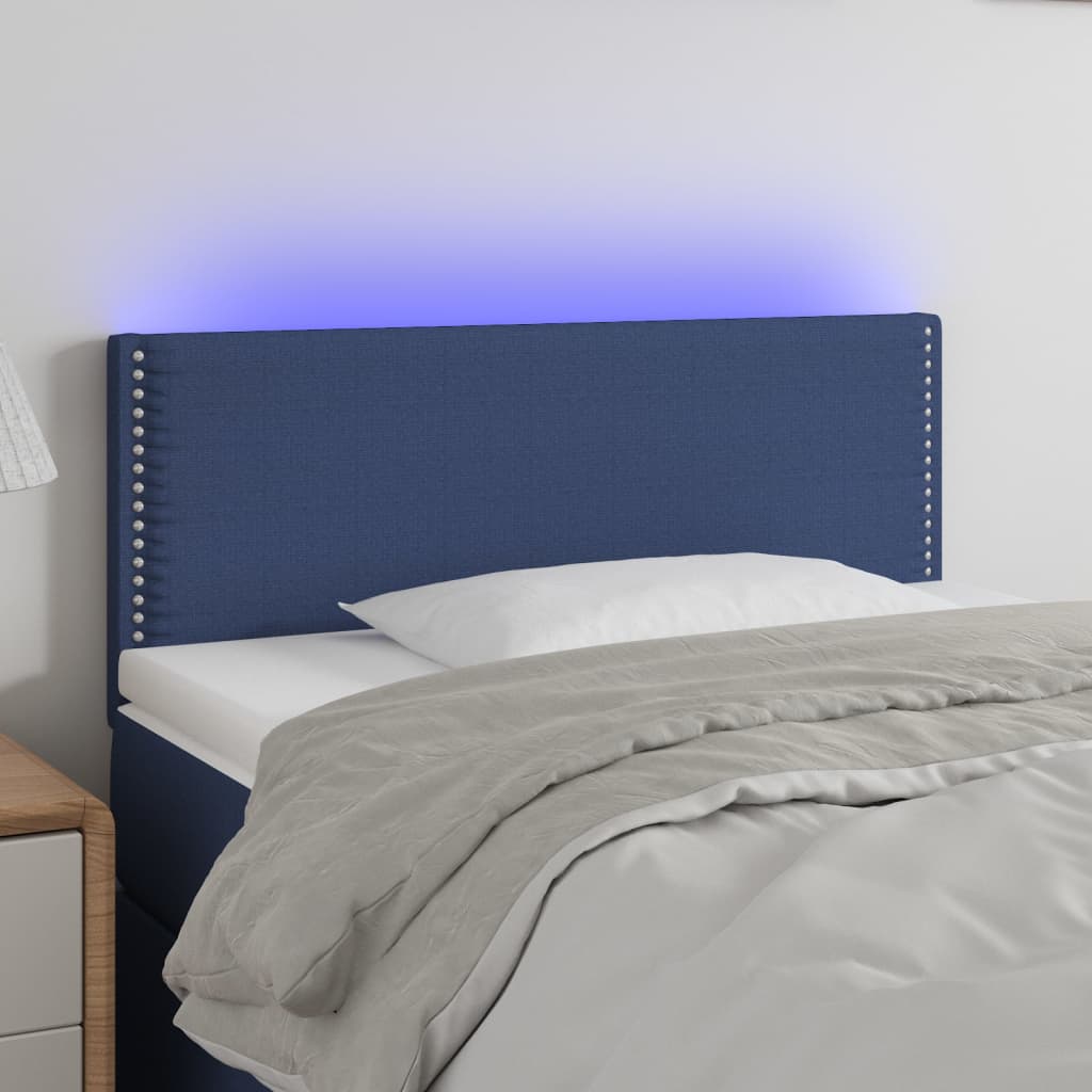 vidaXL sengegavl med LED-lys 100x5x78/88 cm stof blå