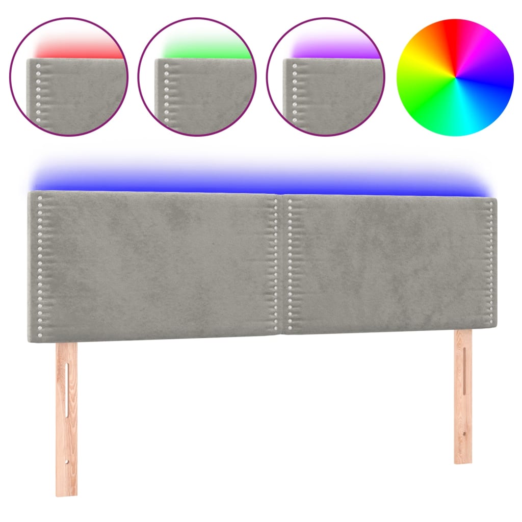 vidaXL Čelo postele s LED světle šedé 144 x 5 x 78/88 cm samet