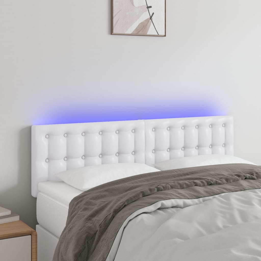 vidaXL Tăblie de pat cu LED, alb, 144x5x78/88 cm, piele ecologică