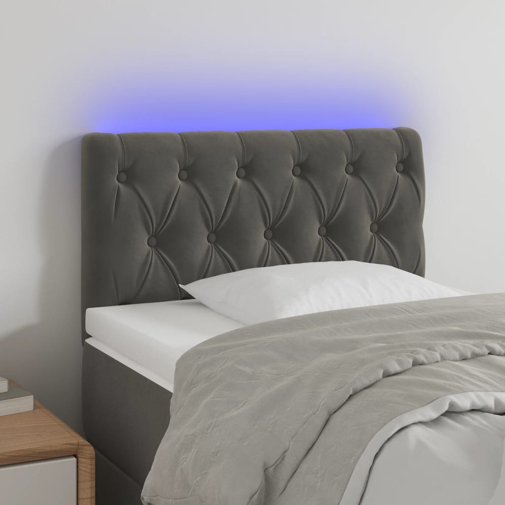 Čelo postele s LED tmavě šedé 80 x 7 x 78/88 cm samet