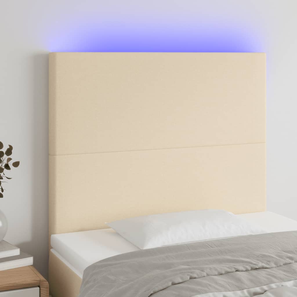 vidaXL sengegavl med LED-lys 90x5x118/128 cm stof cremefarvet