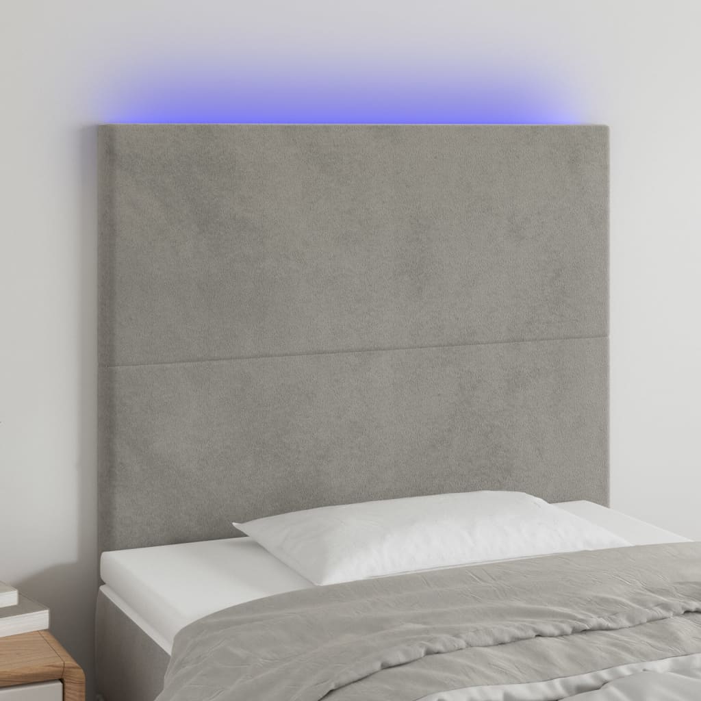 Čelo postele s LED světle šedé 80x5x118/128 cm samet