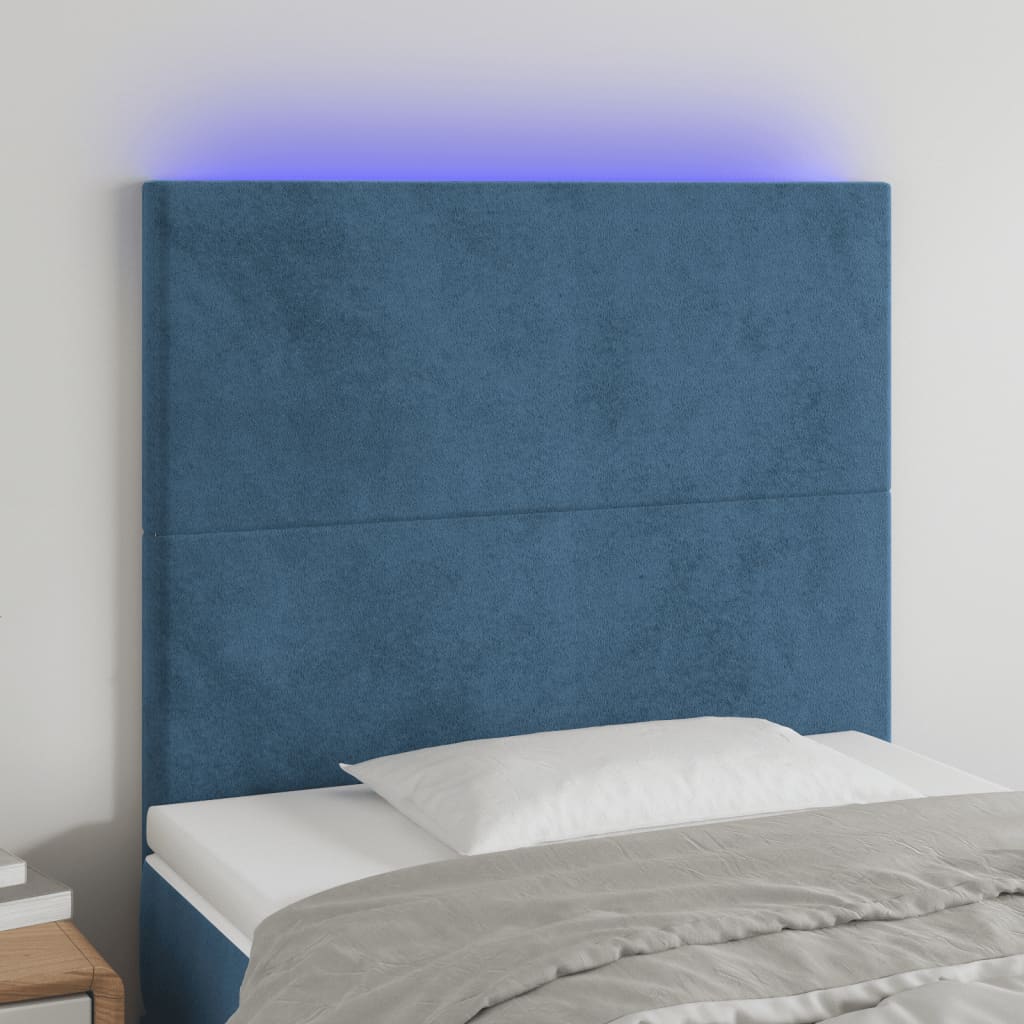 vidaXL sengegavl med LED-lys 100x5x118/128 cm fløjl mørkeblå