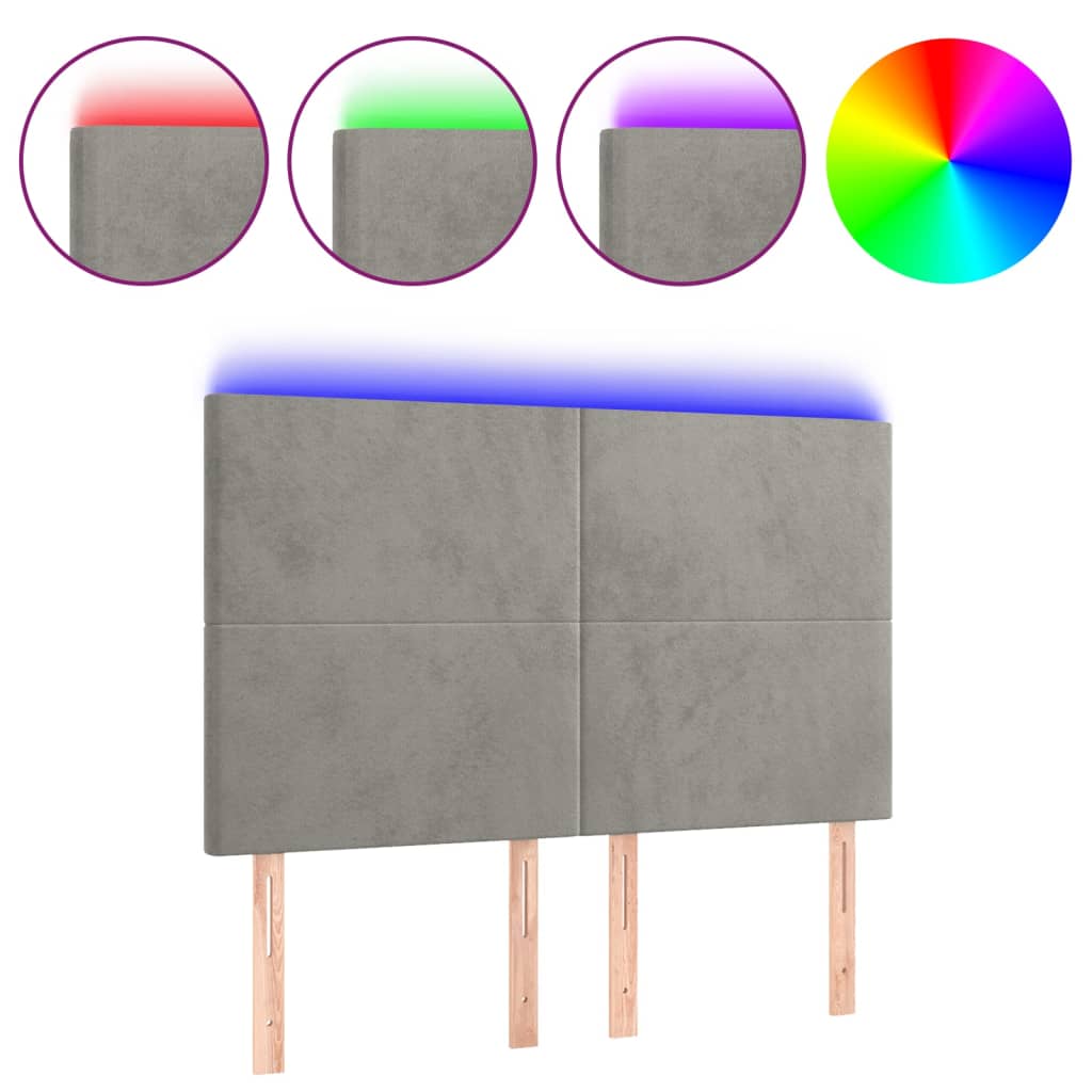 vidaXL Čelo postele s LED světle šedé 144x5x118/128 cm samet