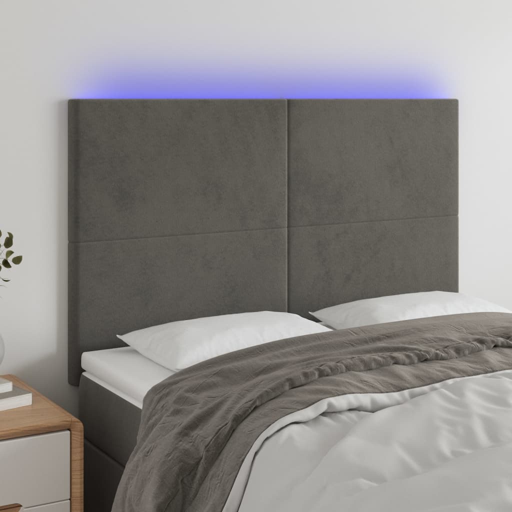 vidaXL Tăblie de pat cu LED, gri închis, 144x5x118/128 cm, catifea