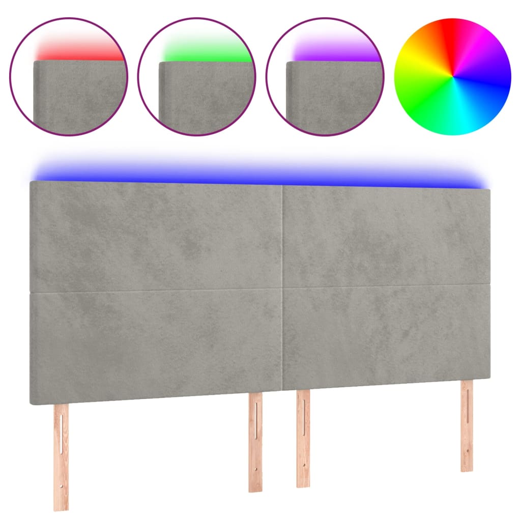 vidaXL Čelo postele s LED světle šedé 200x5x118/128 cm samet
