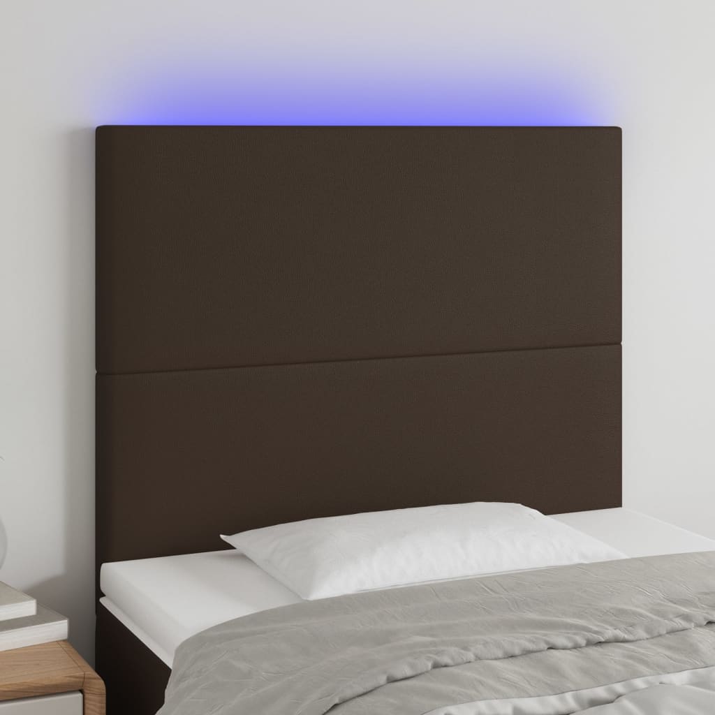 vidaXL sengegavl med LED-lys 100x5x118/128 cm kunstlæder brun
