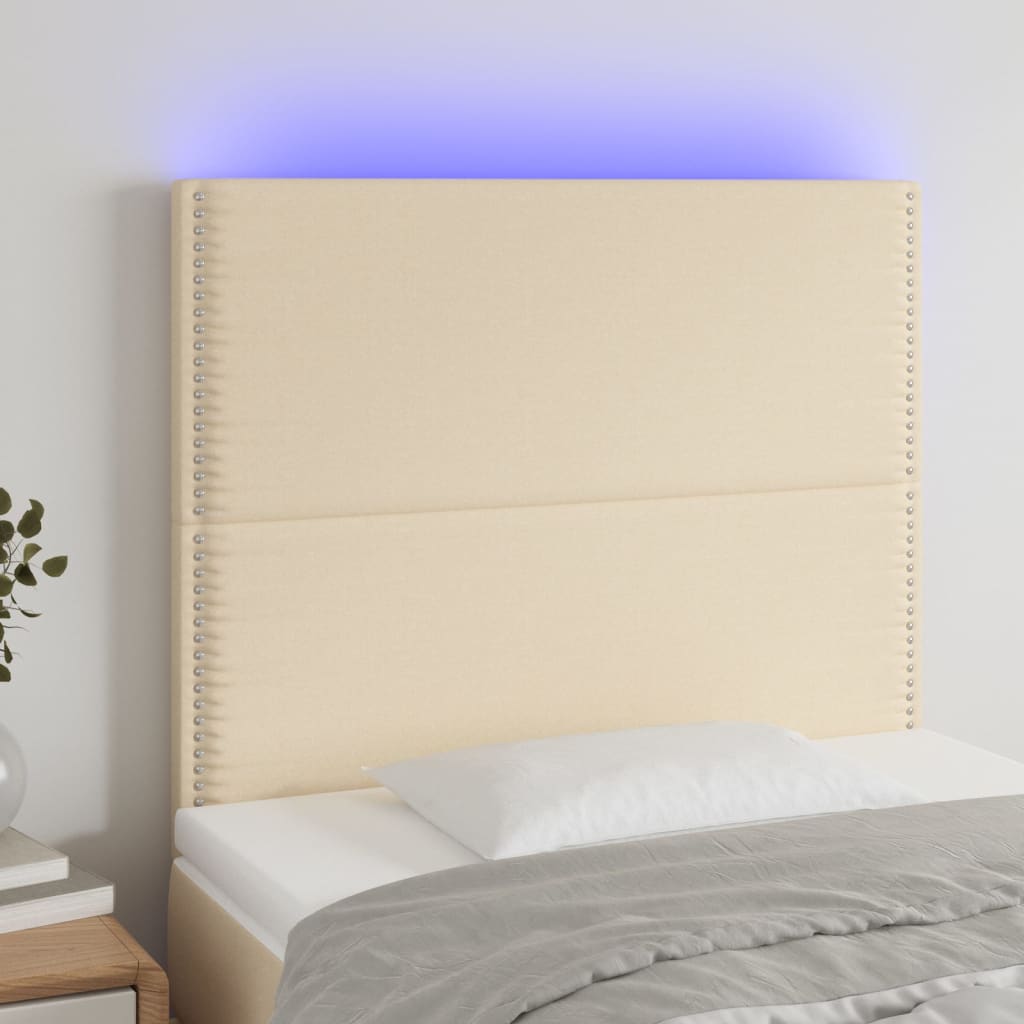 vidaXL sengegavl med LED-lys 80x5x118/128 cm stof cremefarvet