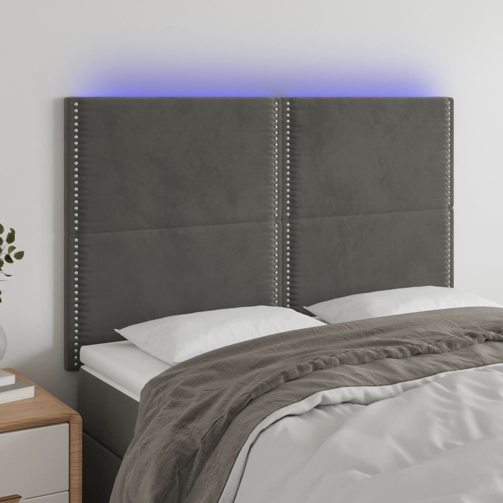 Čelo postele s LED tmavě šedé 144x5x118/128 cm samet