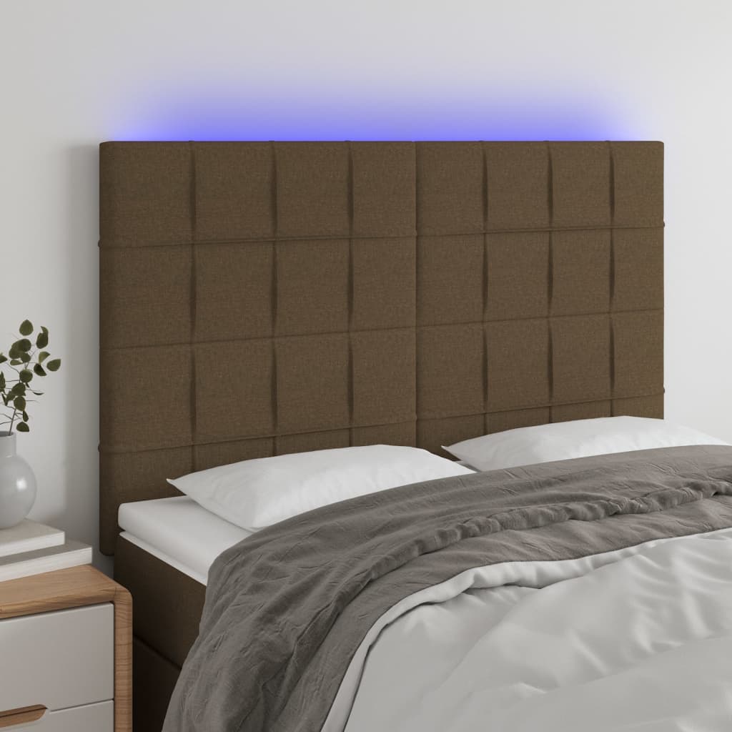vidaXL Tăblie de pat cu LED, maro închis, 144x5x118/128 cm, textil vidaXL imagine 2022