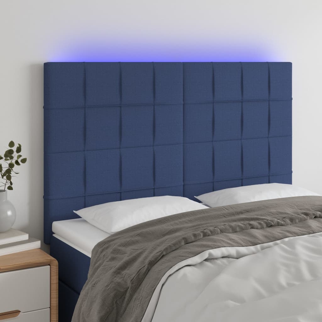 Čelo postele s LED modré 144x5x118/128 cm textil