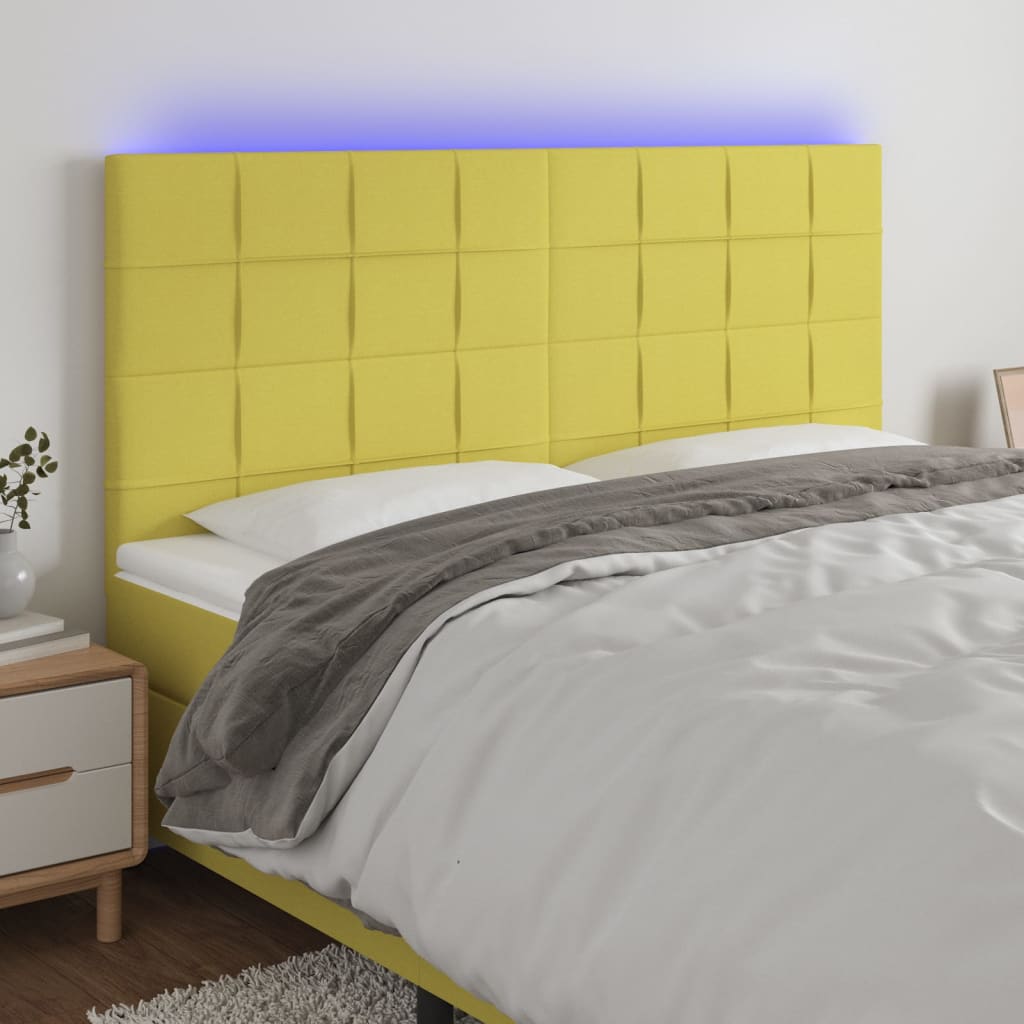 vidaXL Cabeceira de cama c/ LED tecido 180x5x118/128 cm verde