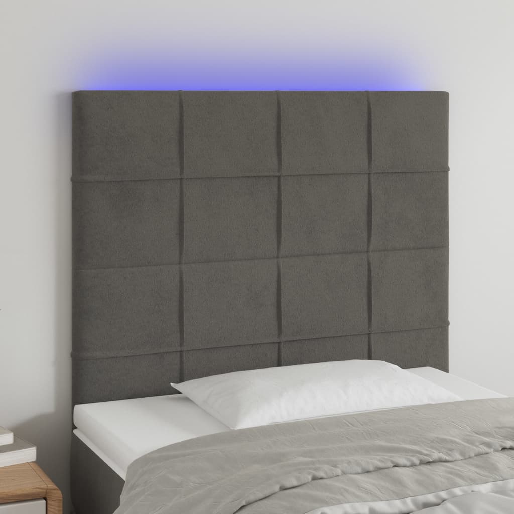 vidaXL sengegavl med LED-lys 80x5x118/128 cm fløjl mørkegrå