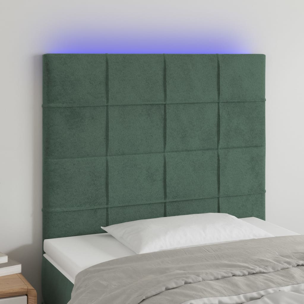 vidaXL sengegavl med LED-lys 100x5x118/128 cm fløjl mørkegrøn