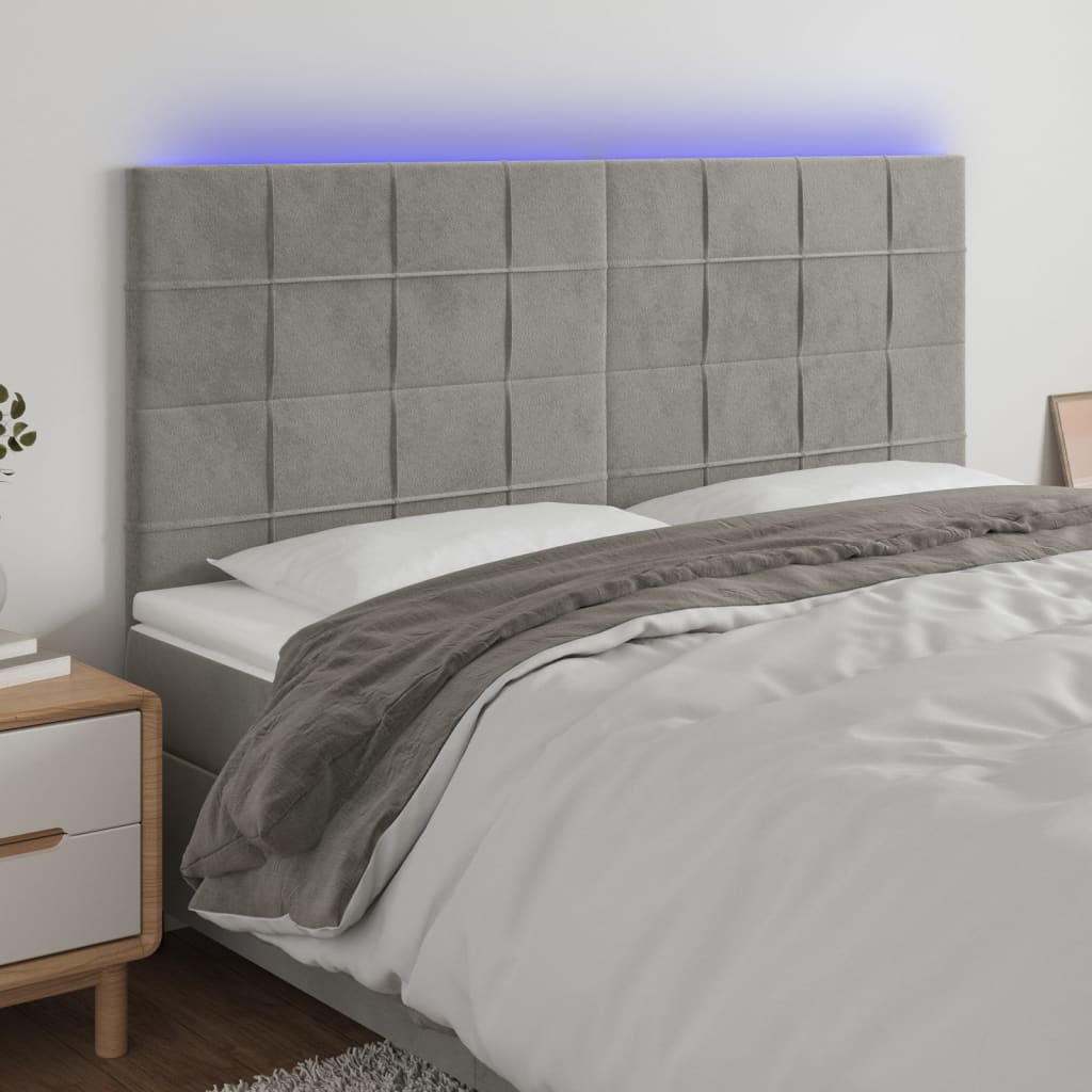 Čelo postele s LED světle šedé 200x5x118/128 cm samet