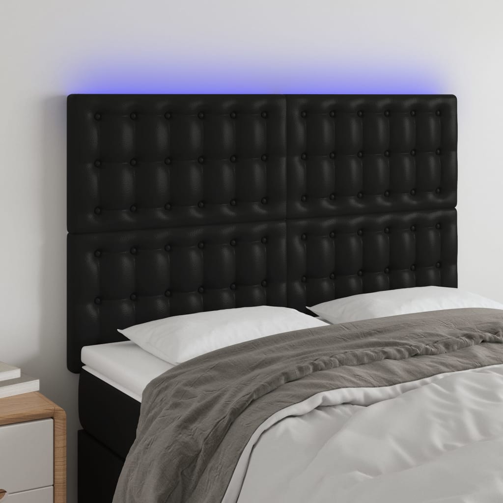 vidaXL Tăblie de pat cu LED, negru, 144x5x118/128 cm, piele ecologică