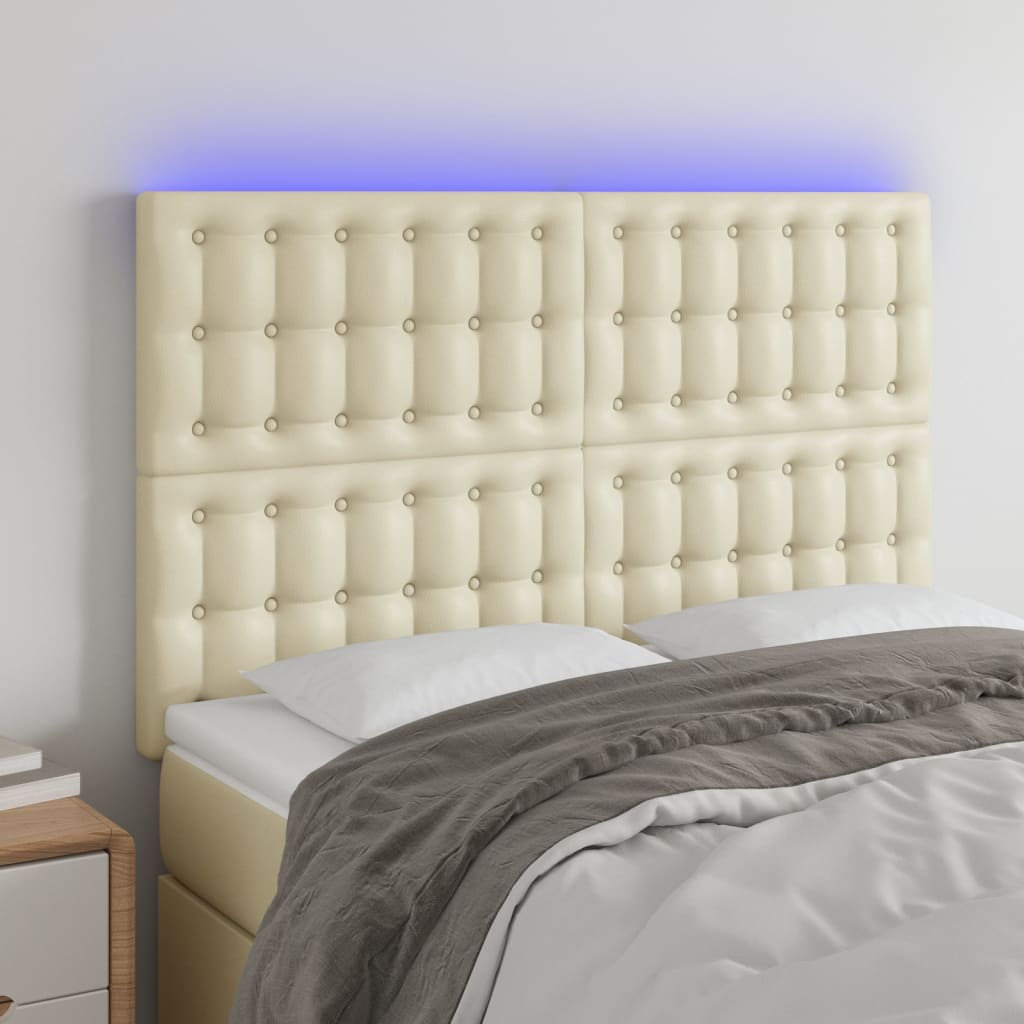 vidaXL Tăblie de pat cu LED, crem, 144x5x118/128 cm, piele ecologică