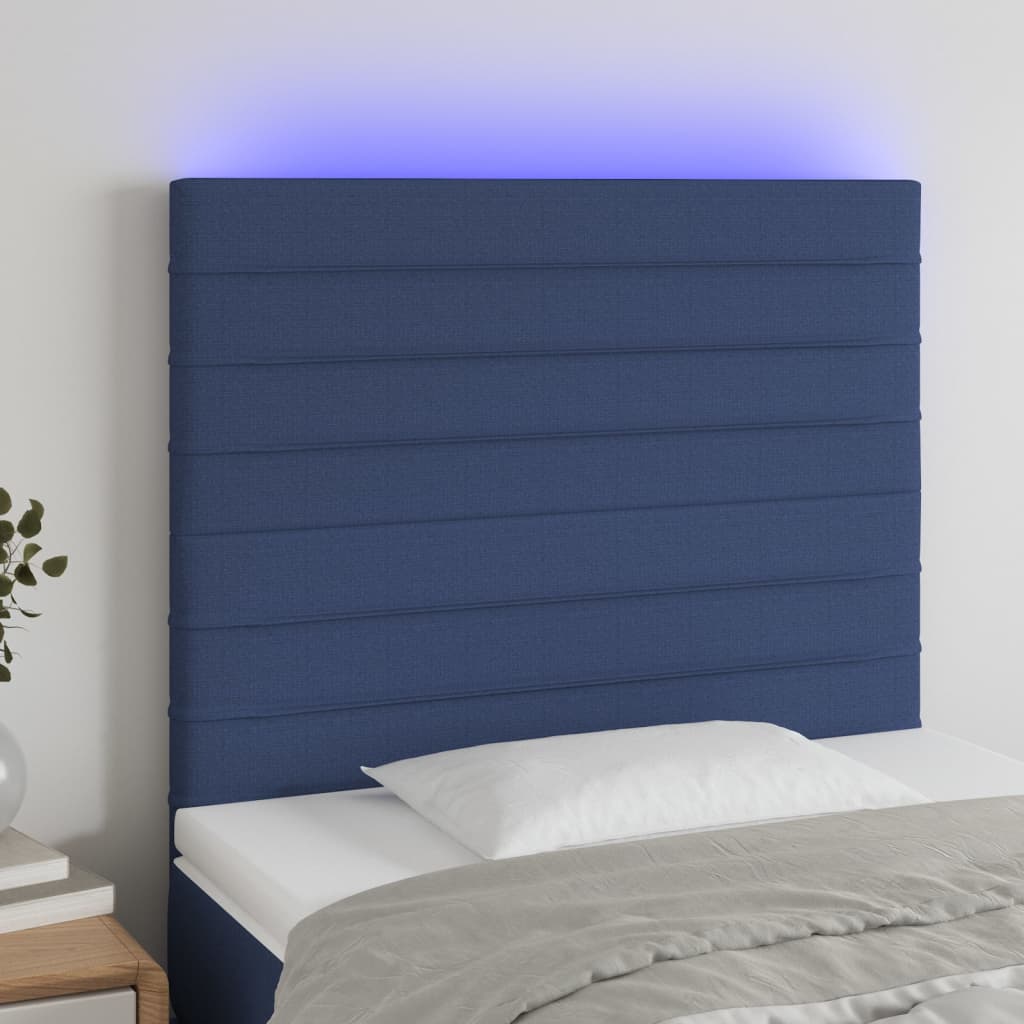 vidaXL sengegavl med LED-lys 80x5x118/128 cm stof blå