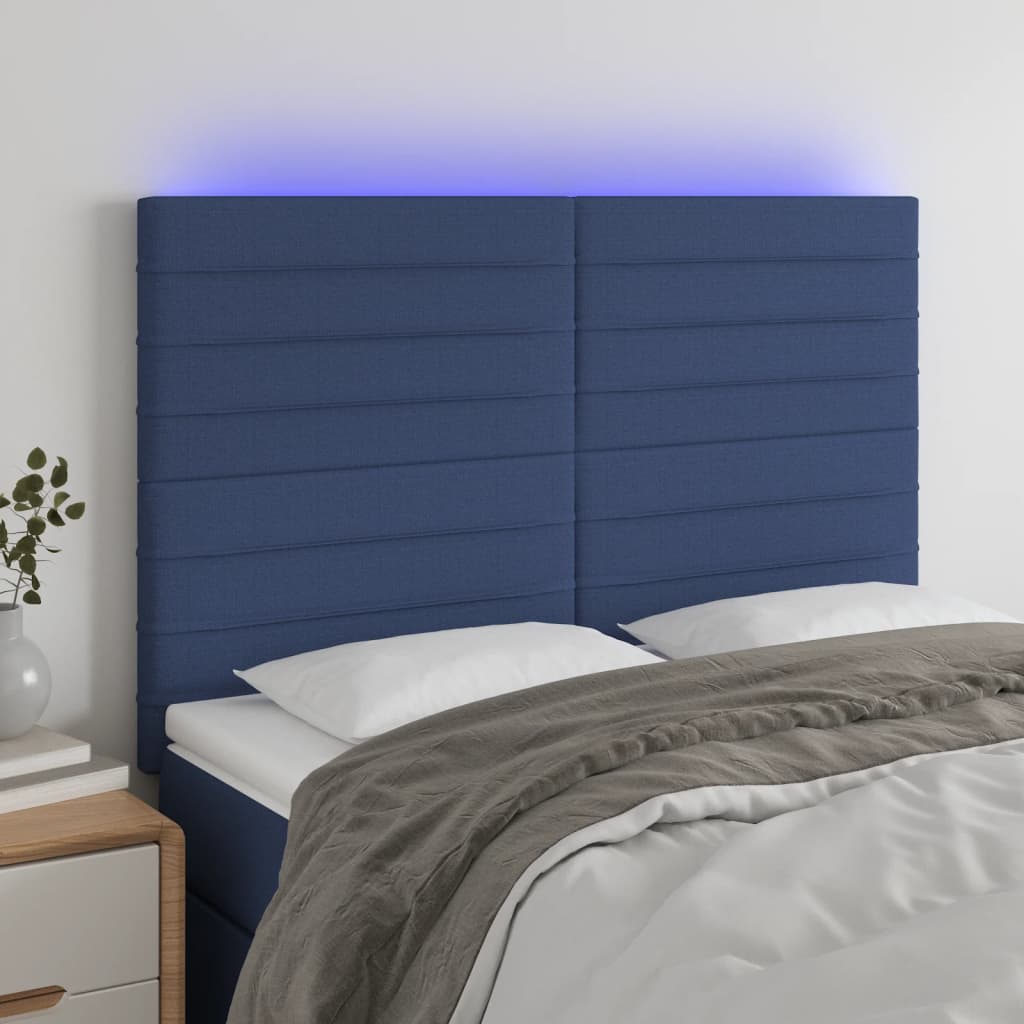 Čelo postele s LED modré 144x5x118/128 cm textil