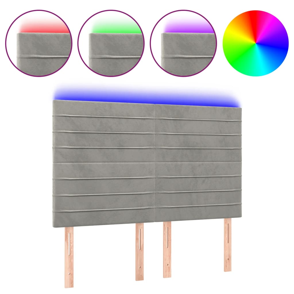 vidaXL Čelo postele s LED světle šedé 144x5x118/128 cm samet