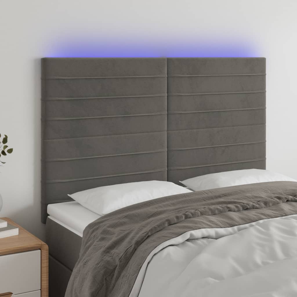 Čelo postele s LED tmavě šedé 144x5x118/128 cm samet