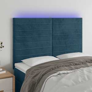 Čelo postele s LED tmavě modré 144x5x118/128 cm samet - obrázek 1