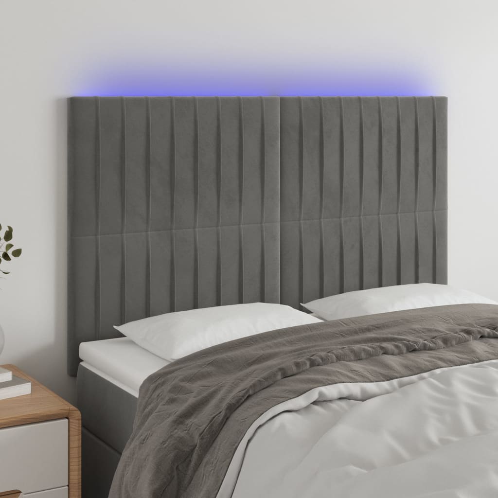 Čelo postele s LED světle šedé 144x5x118/128 cm samet