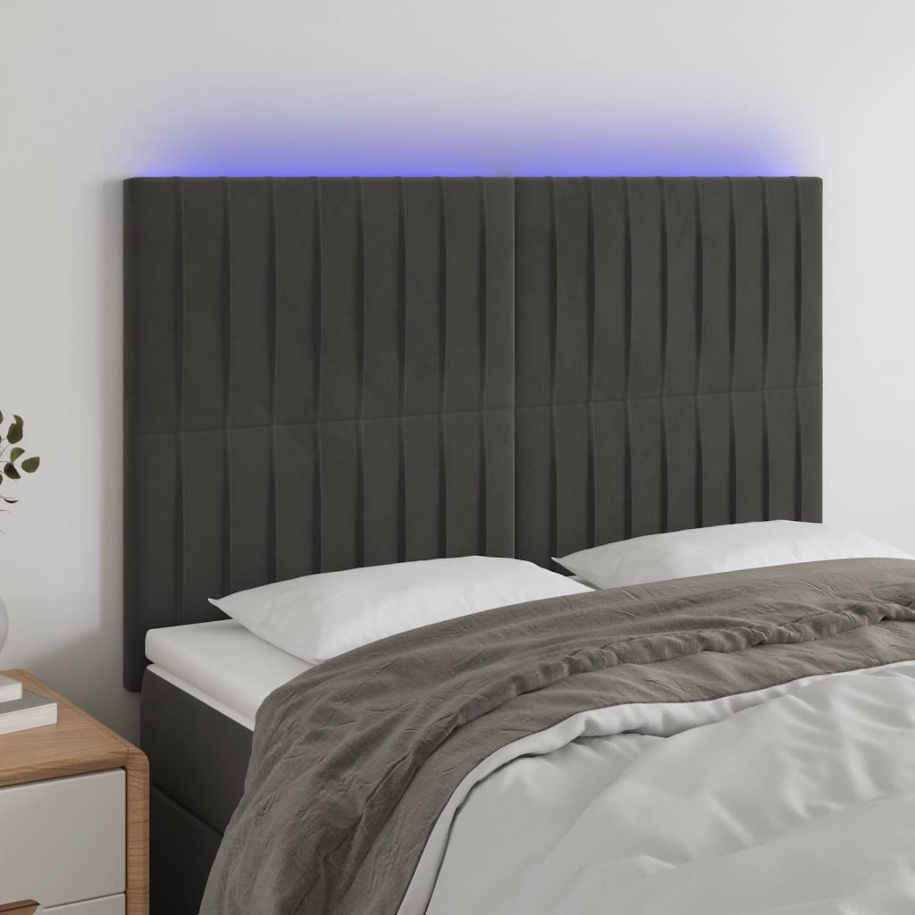 vidaXL Tăblie de pat cu LED, gri închis, 144x5x118/128 cm, catifea