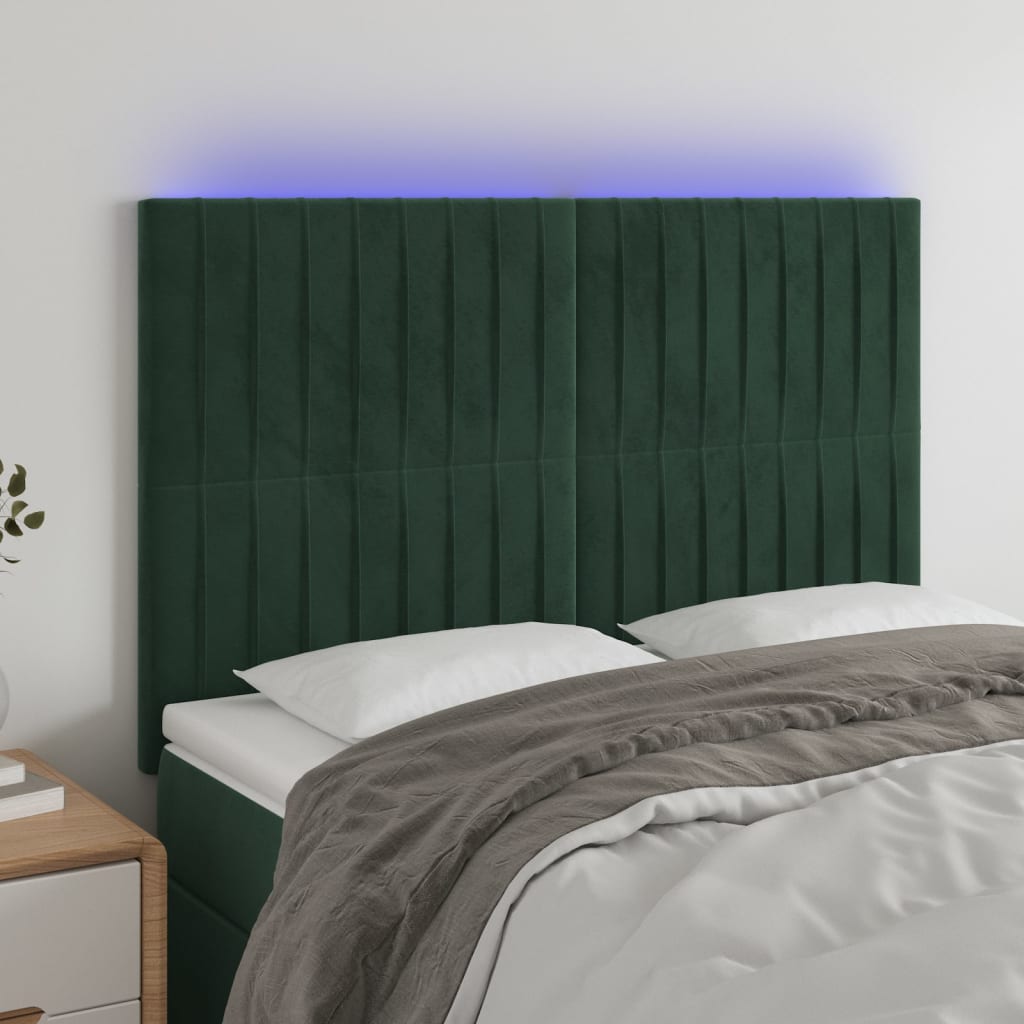 vidaXL Tăblie de pat cu LED, verde închis, 144x5x118/128 cm, catifea