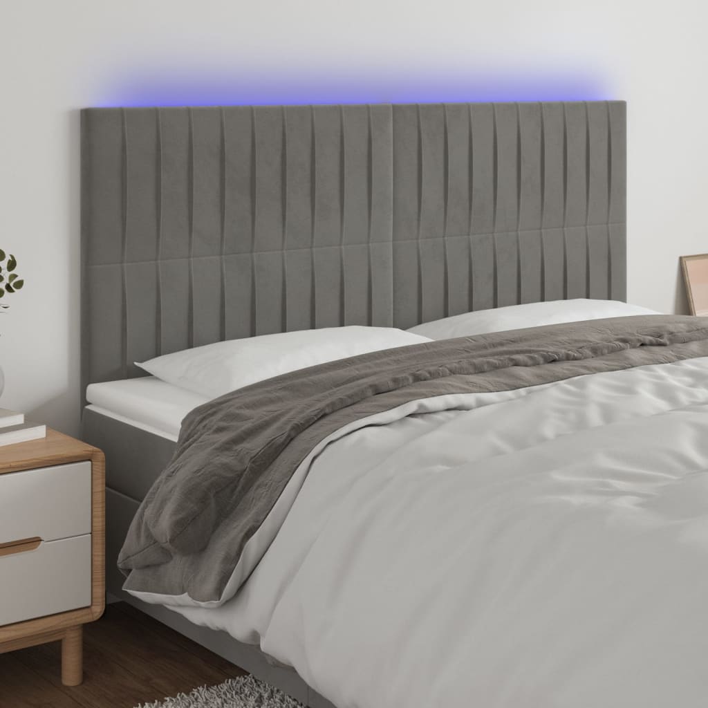 vidaXL Tăblie de pat cu LED, gri deschis, 160x5x118/128 cm, catifea