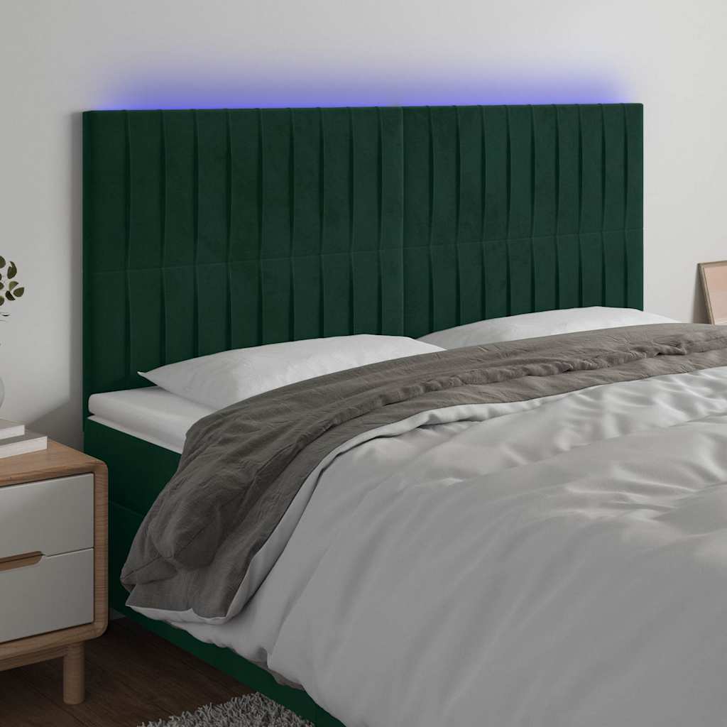 vidaXL Tăblie de pat cu LED, verde închis, 160x5x118/128 cm, catifea