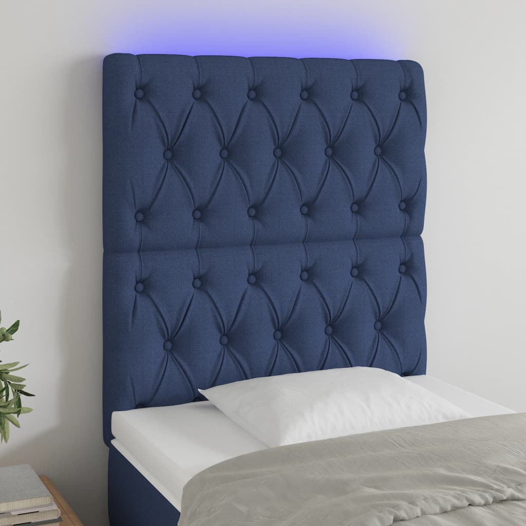vidaXL sengegavl med LED-lys 80x7x118/128 cm stof blå