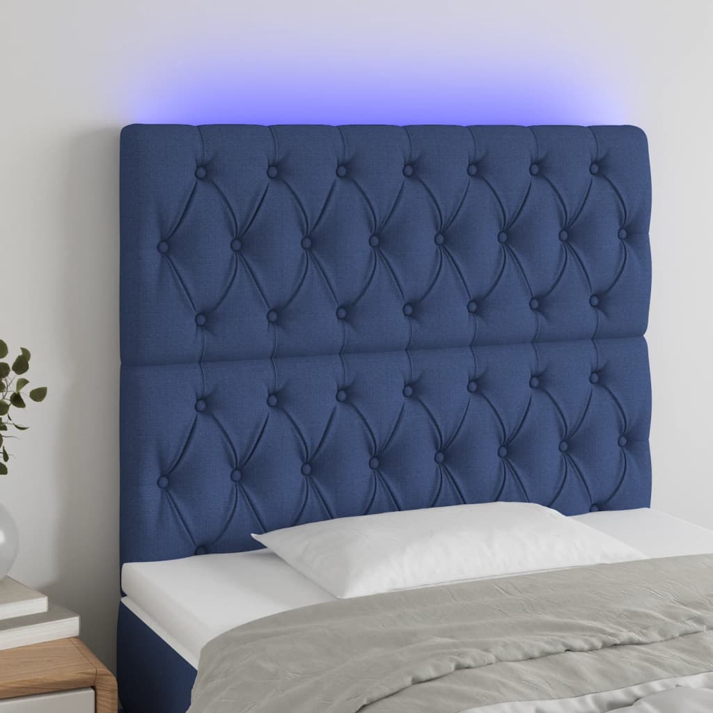 vidaXL sengegavl med LED-lys 90x7x118/128 cm stof blå
