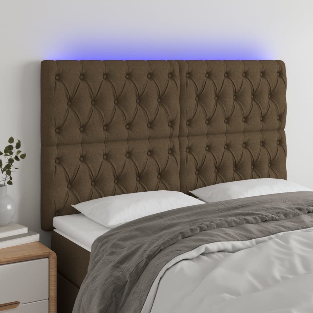 vidaXL Tăblie de pat cu LED, maro închis, 144x7x118/128 cm, textil