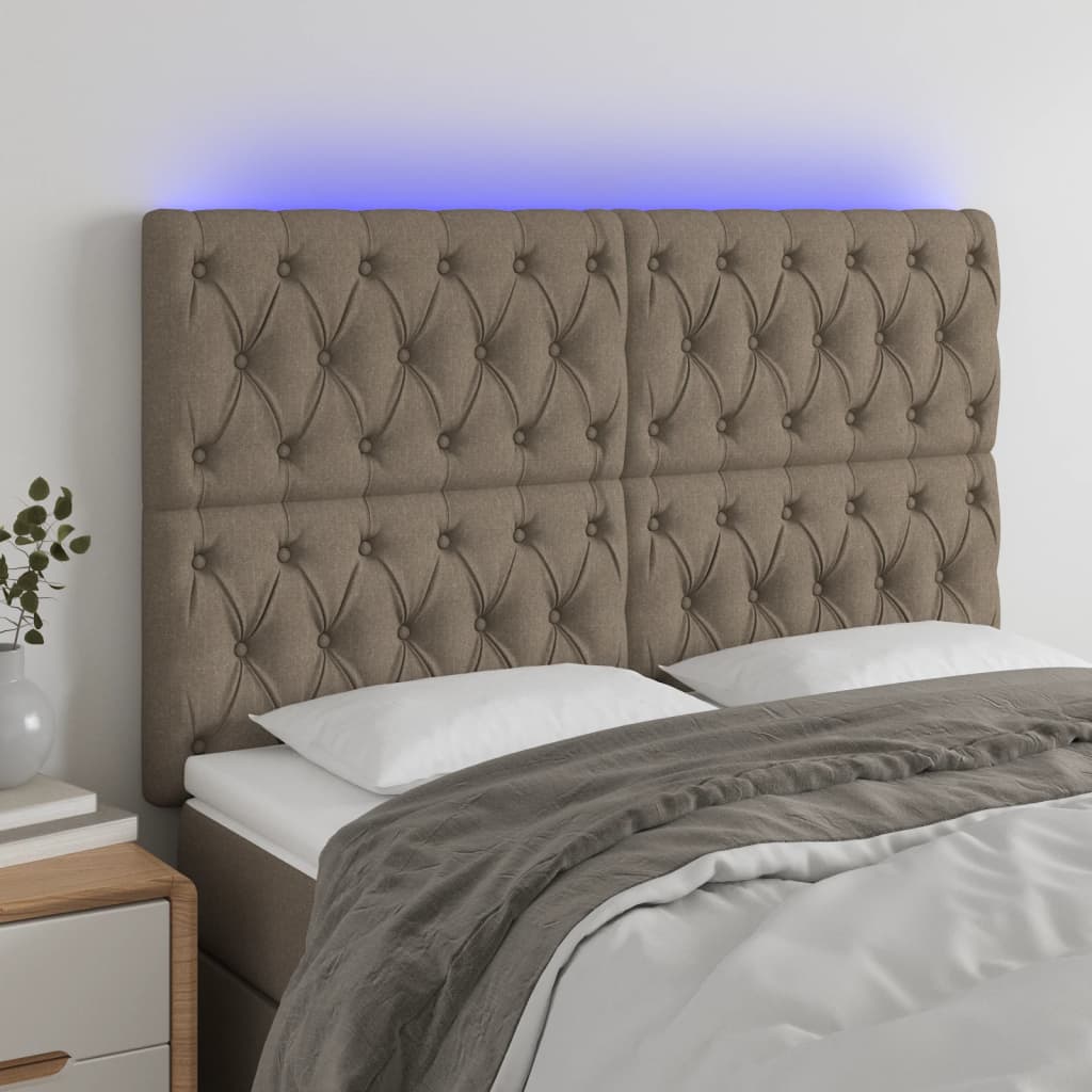 vidaXL Tăblie de pat cu LED, gri taupe, 144x7x118/128 cm, textil