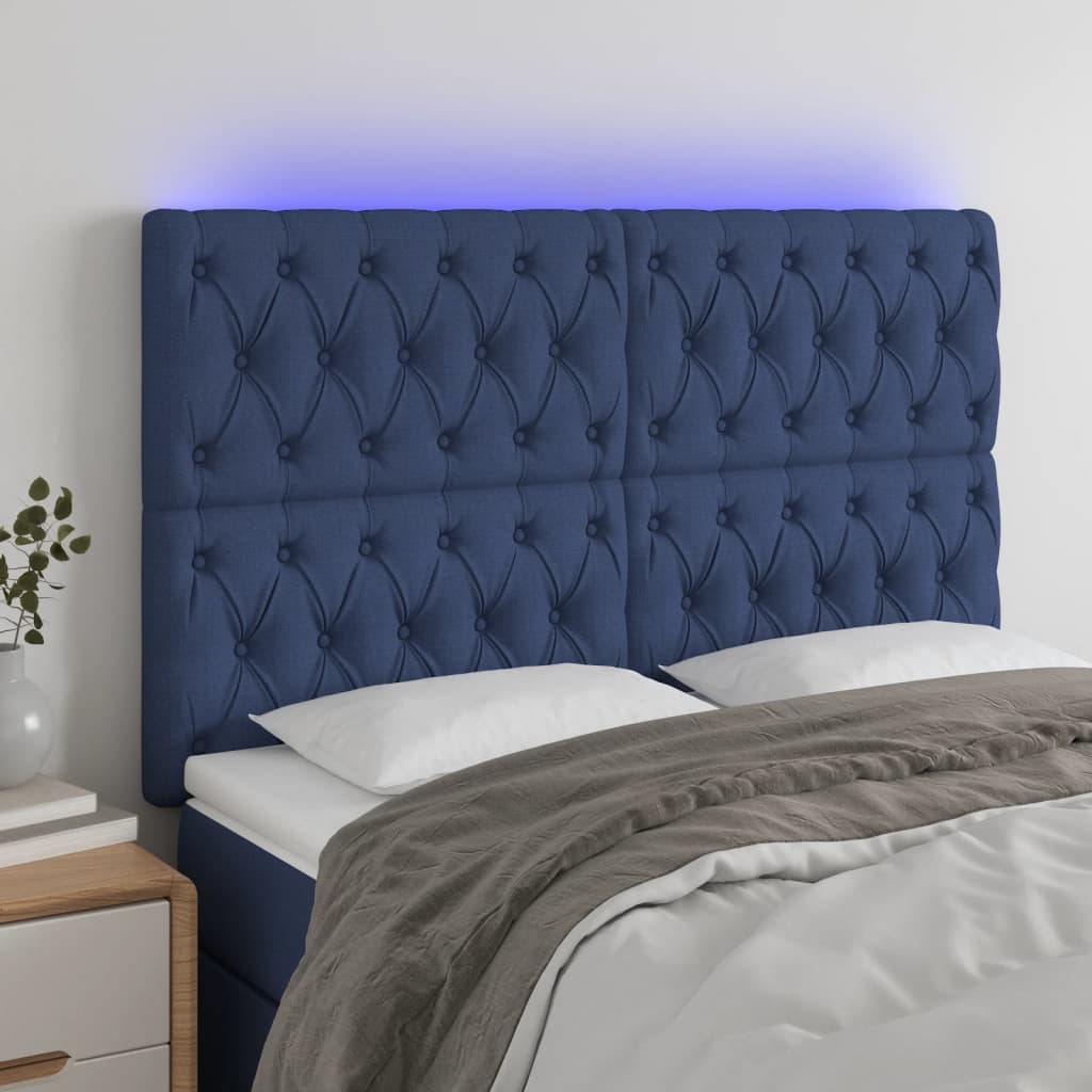 Čelo postele s LED modré 144x7x118/128 cm textil