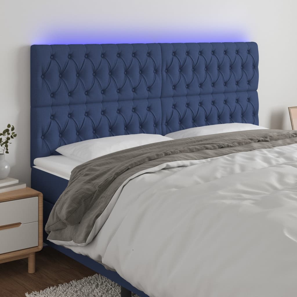 vidaXL Tăblie de pat cu LED, albastru, 180x7x118/128 cm, textil