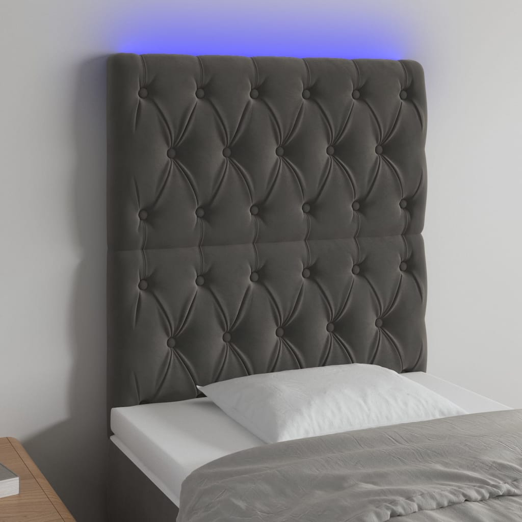 Čelo postele s LED tmavě šedé 80x7x118/128 cm samet