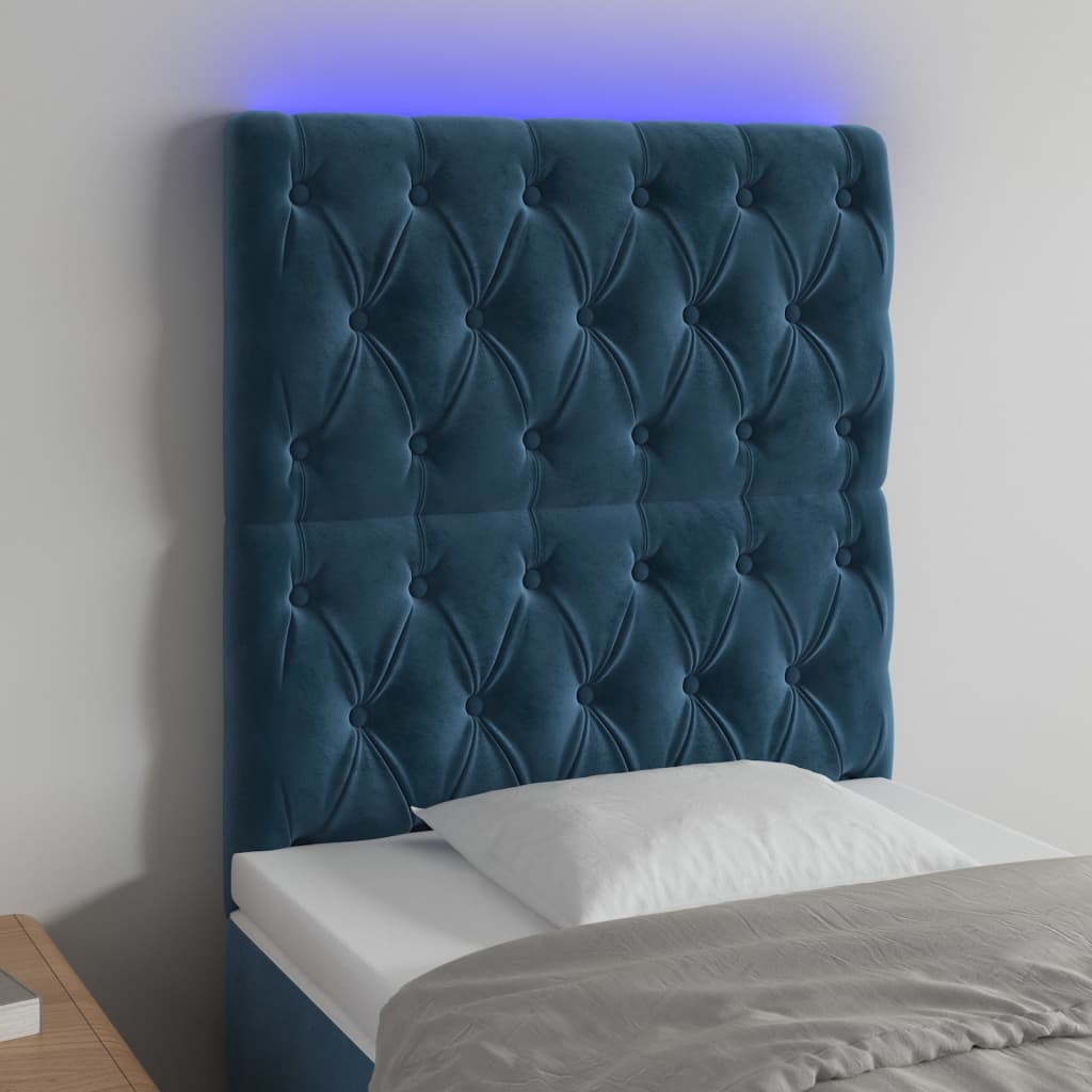 vidaXL sengegavl med LED-lys 80x7x118/128 cm fløjl mørkeblå
