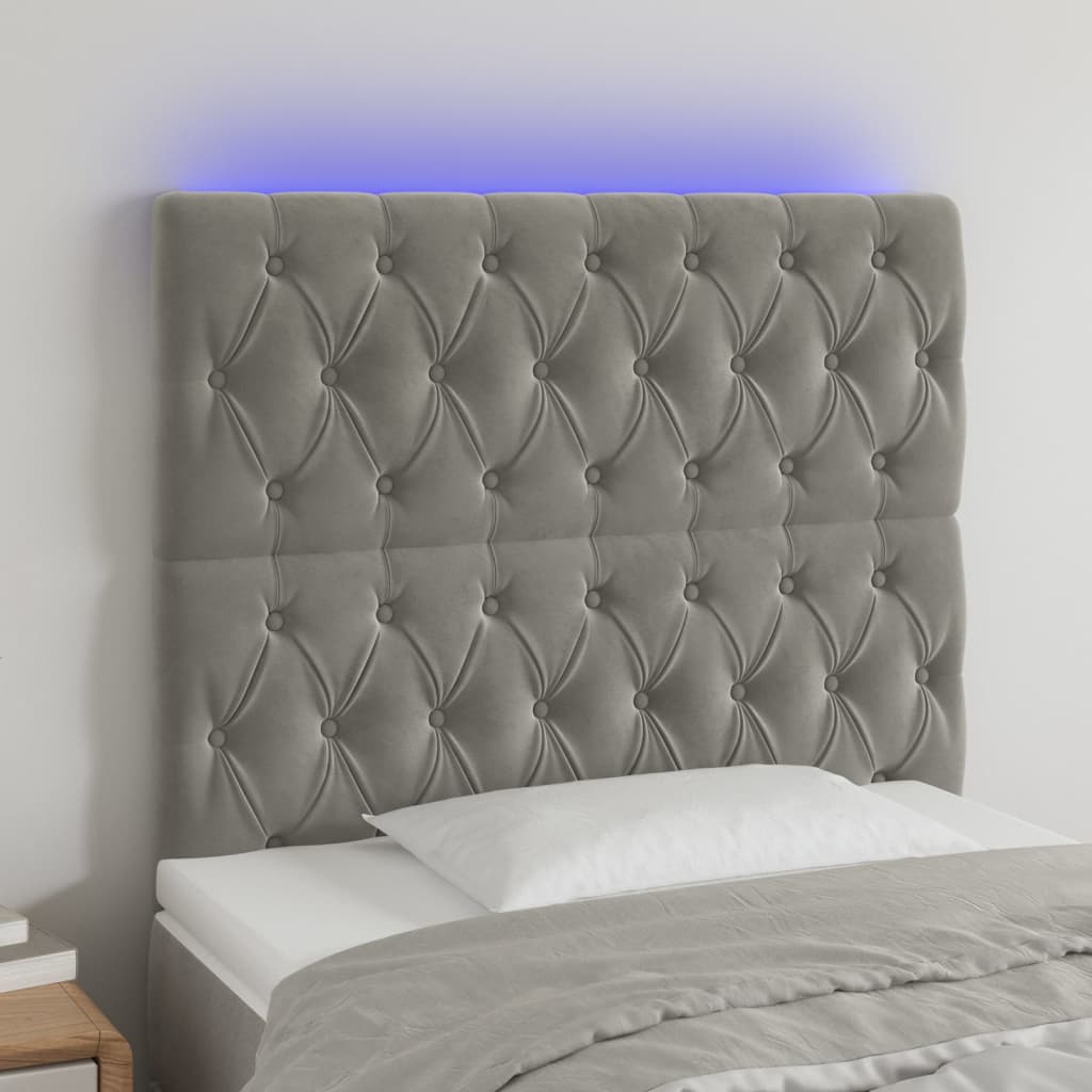 Čelo postele s LED světle šedé 90x7x118/128 cm samet
