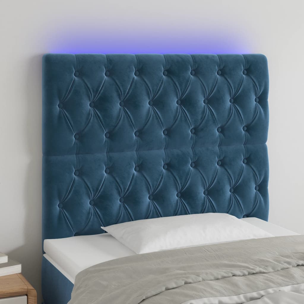 vidaXL sengegavl med LED-lys 90x7x118/128 cm fløjl mørkeblå