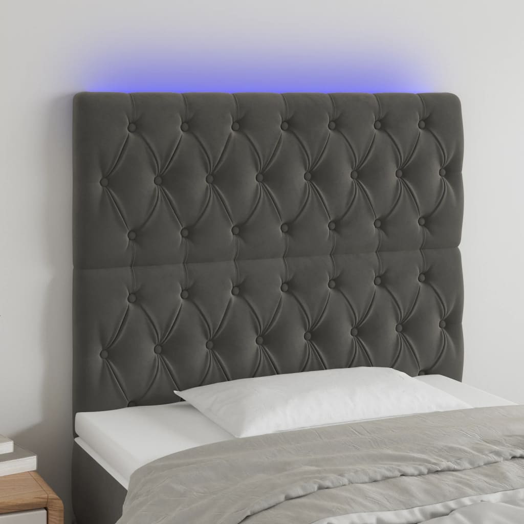 vidaXL sengegavl med LED-lys 100x7x118/128 cm fløjl mørkegrå